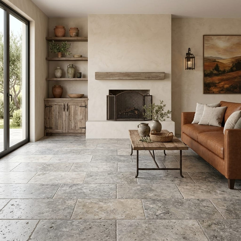 Silver (Pewter Blend) Travertine 12x24 Tumbled Travertine tile — Living Room floor