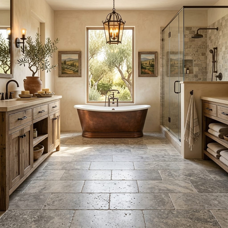 Silver (Pewter Blend) Travertine 12x24 Tumbled Travertine tile — Primary Bath floor