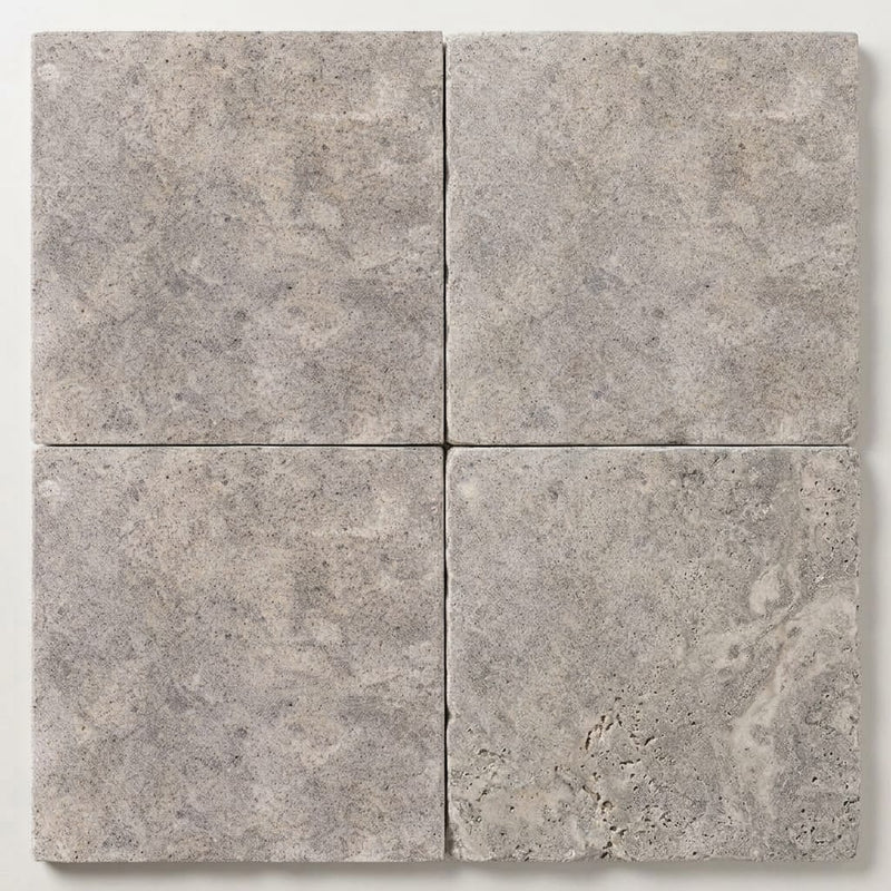 Silver (Pewter Blend) Travertine 16x16 Unfilled, Brushed & Chiseled Travertine Tile close-up