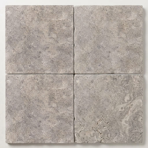 Silver (Pewter Blend) Travertine 16x16 Unfilled, Brushed & Chiseled Travertine Tile close-up