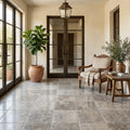 Silver (Pewter Blend) Travertine 16x16 Unfilled, Brushed & Chiseled Travertine Tile — Sunroom floor