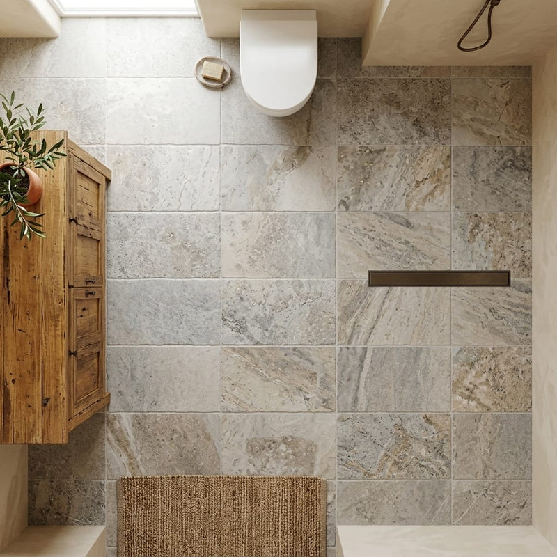 Silver (Pewter Blend) Travertine 16x24 Tumbled Travertine tile — Bathroom floor
