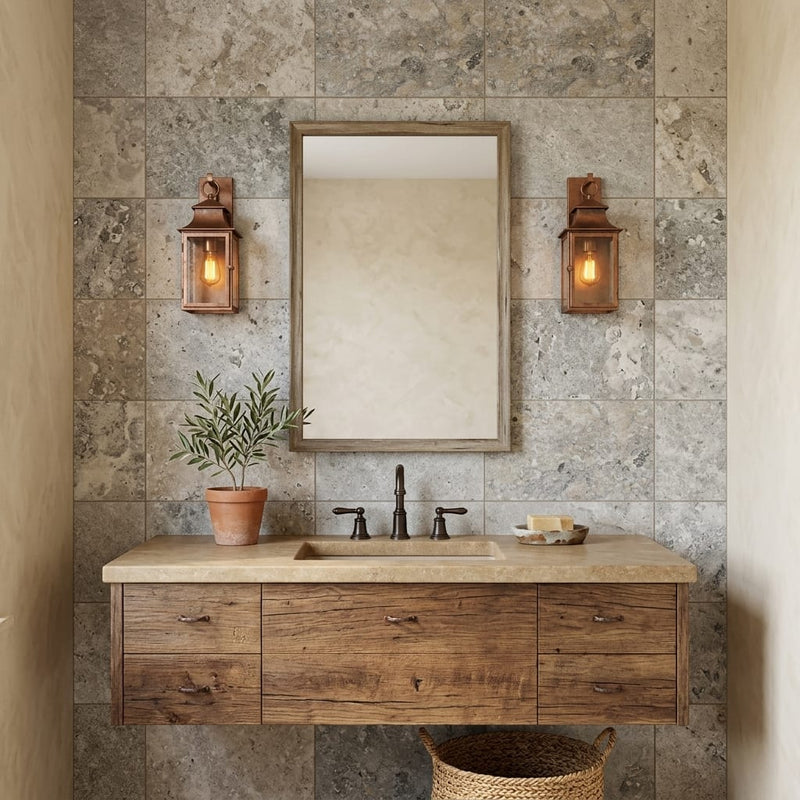Silver (Pewter Blend) Travertine 16x24 Tumbled Travertine tile — Bathroom vanity wall