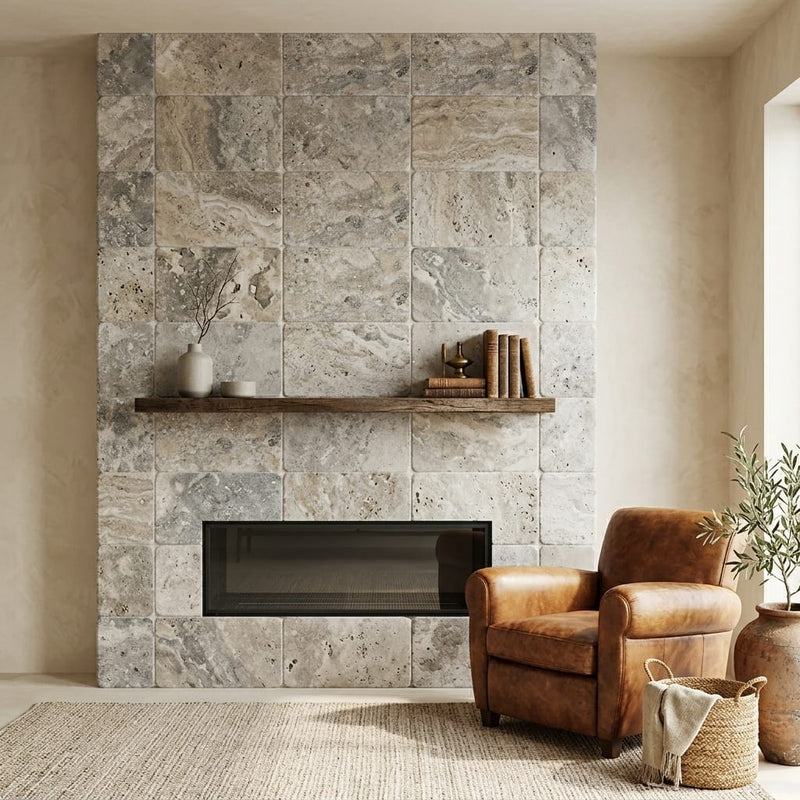 Silver (Pewter Blend) Travertine 16x24 Tumbled Travertine tile — Living Room fireplace surround