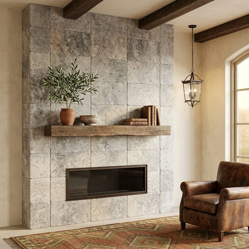 Silver (Pewter Blend) Travertine 16x24 Tumbled Travertine tile — Living Room fireplace surround