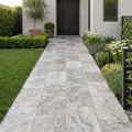Silver (Pewter Blend) Travertine 16x24 Tumbled Travertine Paver — Front Yard walkway