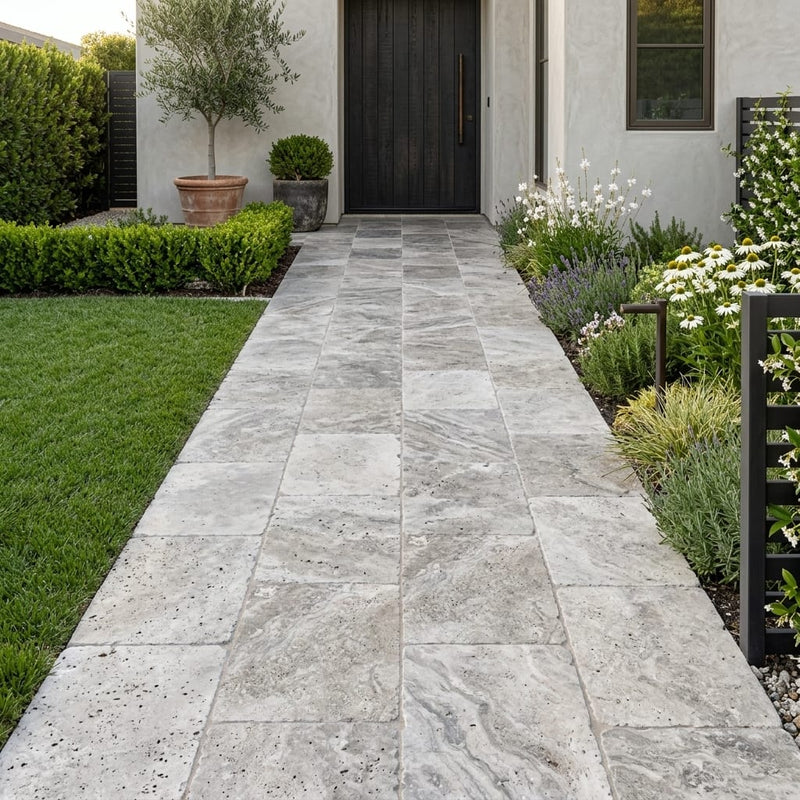 Silver (Pewter Blend) Travertine 16x24 Tumbled Travertine Paver — Front Yard walkway