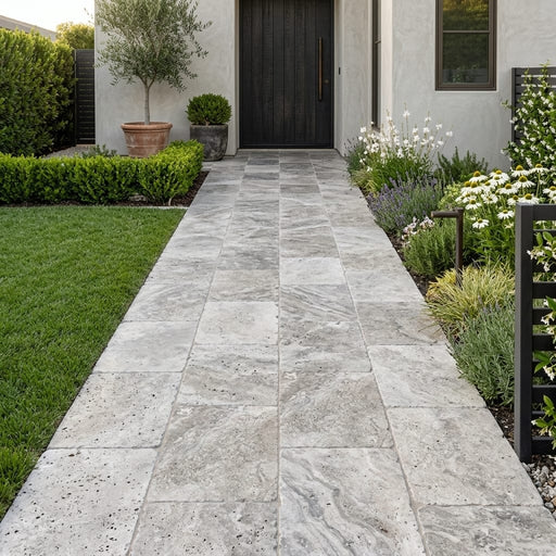 Silver (Pewter Blend) Travertine 16x24 Tumbled Travertine Paver — Front Yard walkway