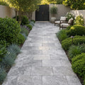 Silver (Pewter Blend) Travertine 16x24 Tumbled Travertine Paver — Garden path