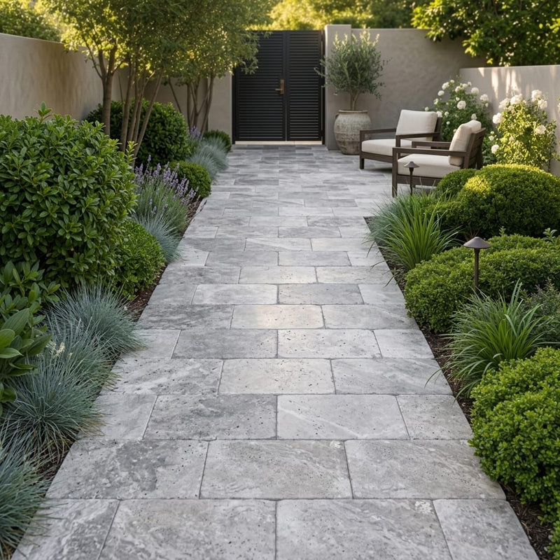Silver (Pewter Blend) Travertine 16x24 Tumbled Travertine Paver — Garden path