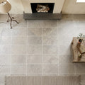 Silver (Pewter Blend) Travertine 16x24 Unfilled, Brushed & Chiseled Travertine Tile — Living Room floor