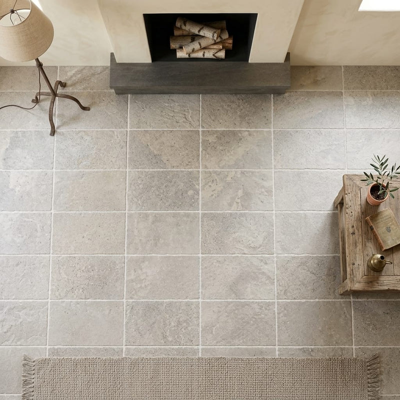Silver (Pewter Blend) Travertine 16x24 Unfilled, Brushed & Chiseled Travertine Tile — Living Room floor