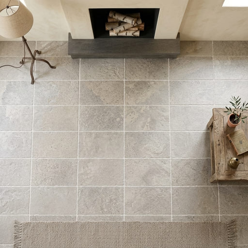 Silver (Pewter Blend) Travertine 16x24 Unfilled, Brushed & Chiseled Travertine Tile — Living Room floor