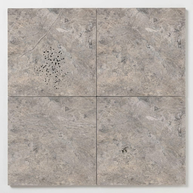 Silver (Pewter Blend) Travertine 18x18 Filled & Honed Travertine Tile close-up