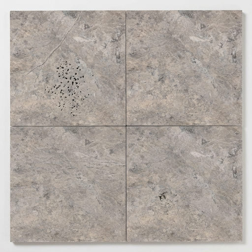 Silver (Pewter Blend) Travertine 18x18 Filled & Honed Travertine Tile close-up