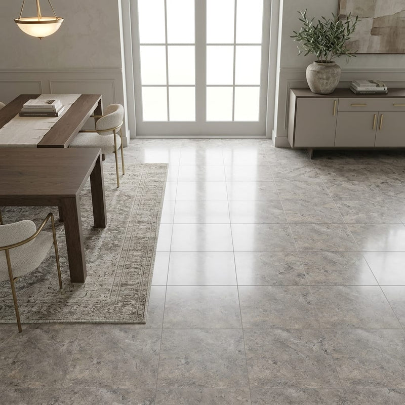 Silver (Pewter Blend) Travertine 18x18 Filled & Honed Travertine Tile — Dining Room floor