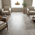 Silver (Pewter Blend) Travertine 18x18 Filled & Honed Travertine Tile — Family Room floor