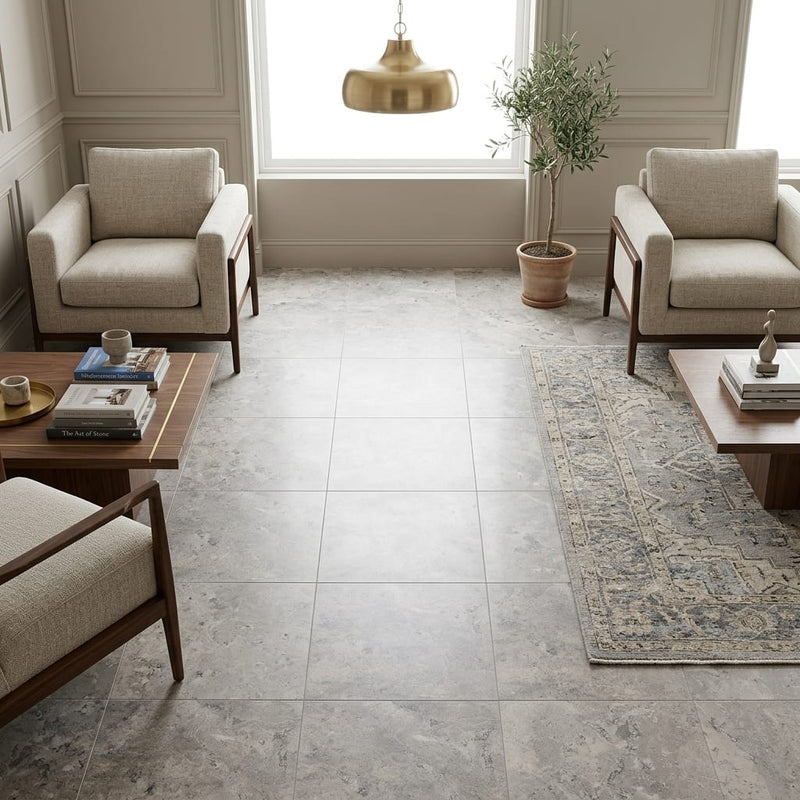 Silver (Pewter Blend) Travertine 18x18 Filled & Honed Travertine Tile — Family Room floor