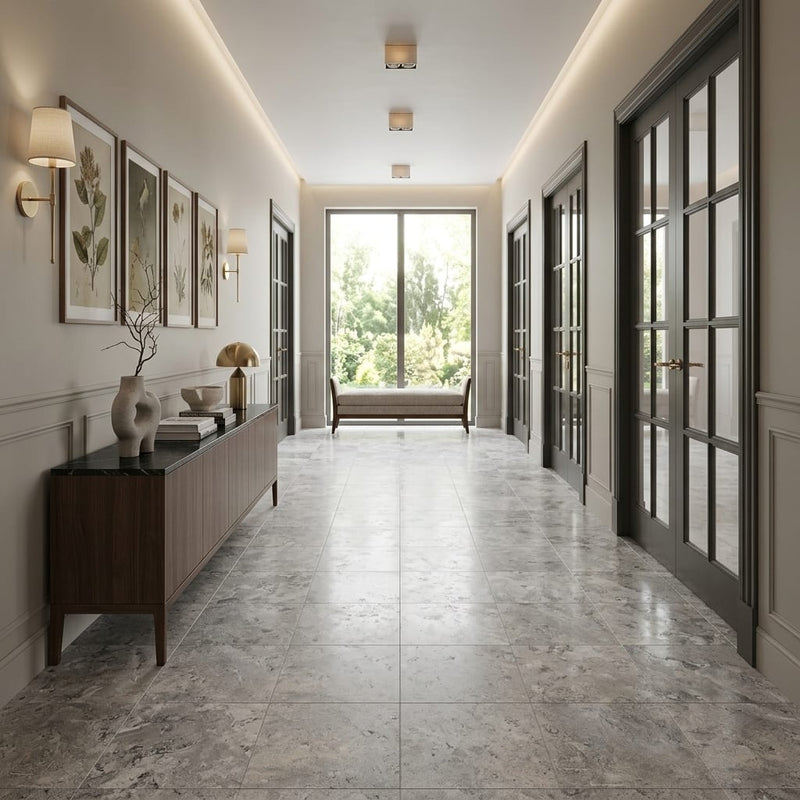 Silver (Pewter Blend) Travertine 18x18 Filled & Honed Travertine Tile — Hallway floor