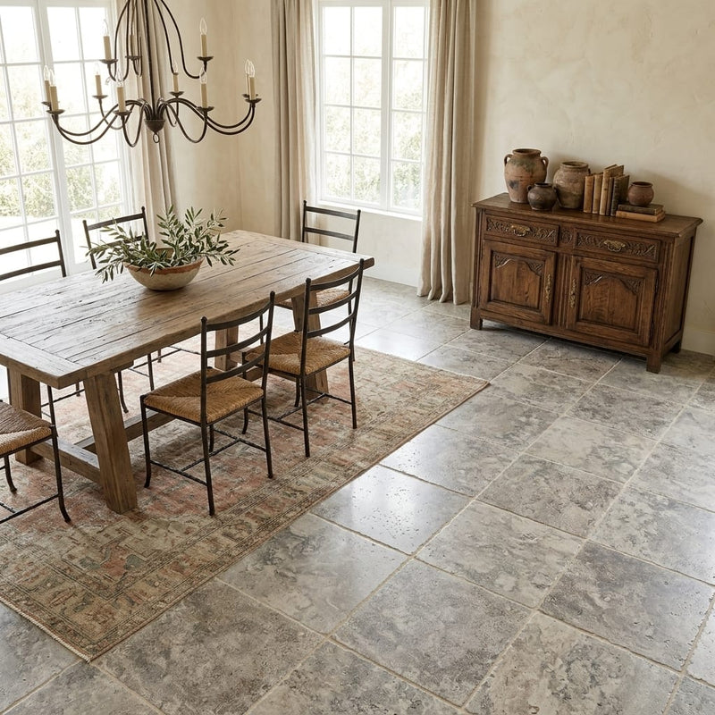 Silver (Pewter Blend) Travertine 18x18 Unfilled, Brushed & Chiseled Travertine Tile — Dining Room floor