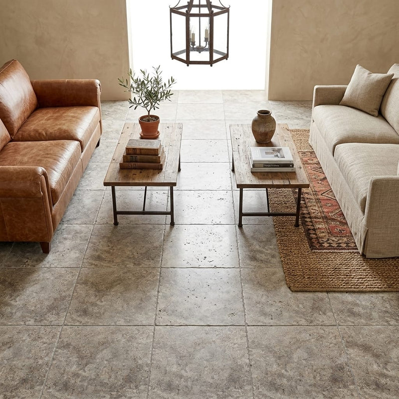 Silver (Pewter Blend) Travertine 18x18 Unfilled, Brushed & Chiseled Travertine Tile — Family Room floor