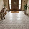 Silver (Pewter Blend) Travertine 18x18 Unfilled, Brushed & Chiseled Travertine Tile — Foyer floor