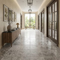 Silver (Pewter Blend) Travertine 18x18 Unfilled, Brushed & Chiseled Travertine Tile — Hallway floor