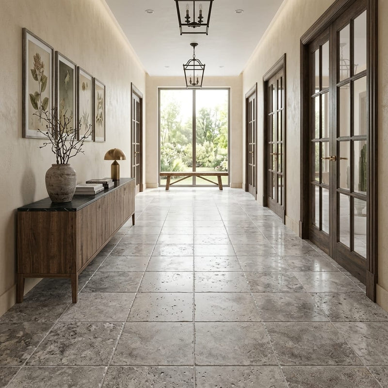 Silver (Pewter Blend) Travertine 18x18 Unfilled, Brushed & Chiseled Travertine Tile — Hallway floor