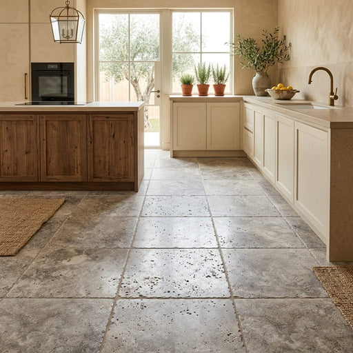Silver (Pewter Blend) Travertine 18x18 Unfilled, Brushed & Chiseled Travertine Tile — Kitchen floor