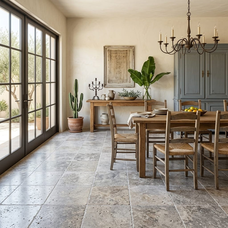 Silver (Pewter Blend) Travertine 18x18 Unfilled, Brushed & Chiseled Travertine Tile — Living Room floor
