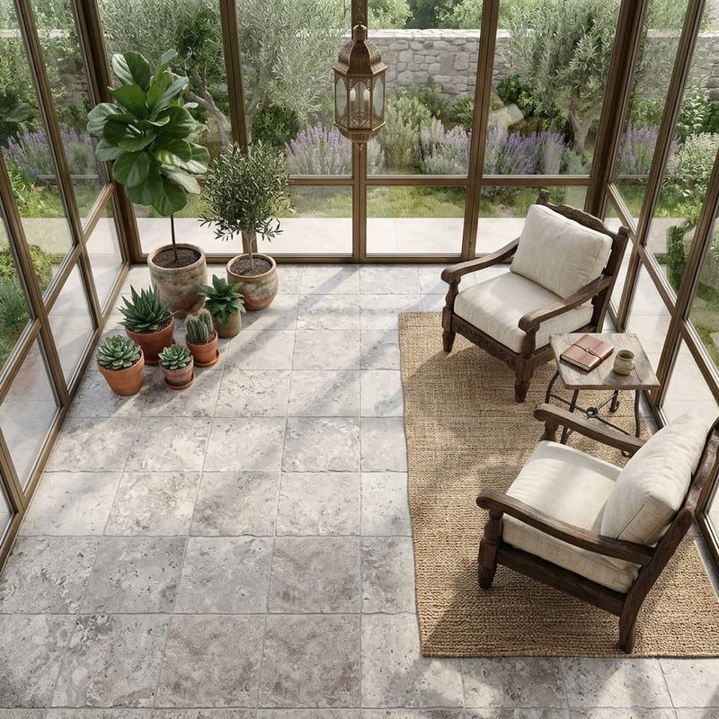 Silver (Pewter Blend) Travertine 18x18 Unfilled, Brushed & Chiseled Travertine Tile — Sunroom floor