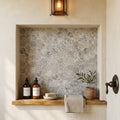 Silver (Pewter Blend) Travertine 2x2 Tumbled Travertine Hexagon Mosaic — Bathroom niche