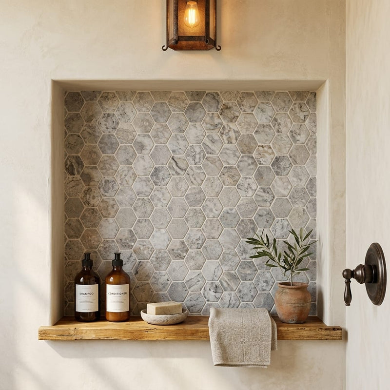 Silver (Pewter Blend) Travertine 2x2 Tumbled Travertine Hexagon Mosaic — Bathroom niche