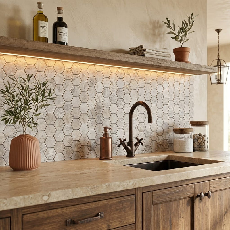 Silver (Pewter Blend) Travertine 2x2 Tumbled Travertine Hexagon Mosaic — Kitchen backsplash