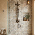 Silver (Pewter Blend) Travertine 2x2 Tumbled Travertine Mosaic — Bathroom shower wall