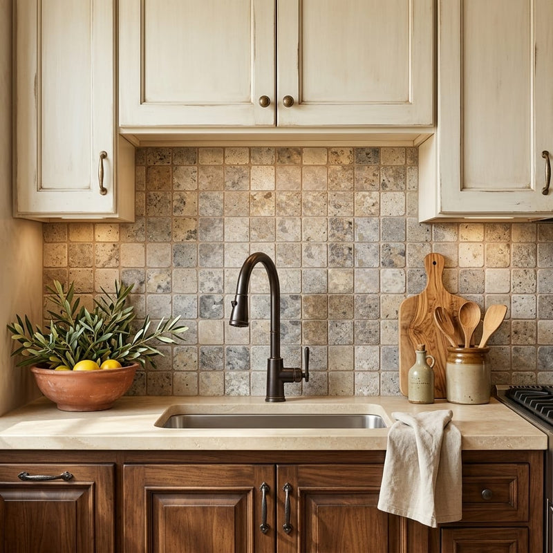 Silver (Pewter Blend) Travertine 2x2 Tumbled Travertine Mosaic — Kitchen backsplash