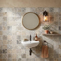 Silver (Pewter Blend) Travertine 2x2 Tumbled Travertine Mosaic — Powder Room wall
