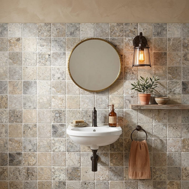 Silver (Pewter Blend) Travertine 2x2 Tumbled Travertine Mosaic — Powder Room wall