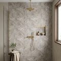 Silver (Pewter Blend) Travertine 24x24 Filled & Honed Travertine Tile — Bathroom shower wall
