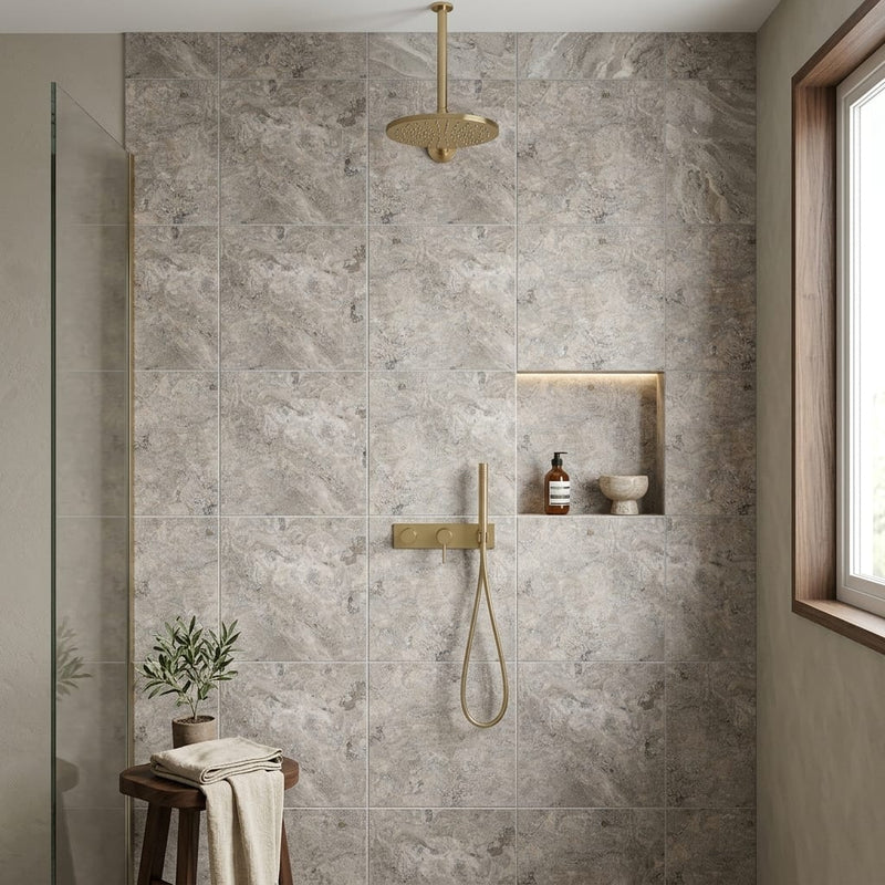 Silver (Pewter Blend) Travertine 24x24 Filled & Honed Travertine Tile — Bathroom shower wall