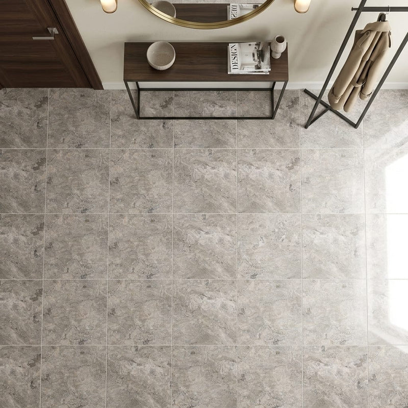 Silver (Pewter Blend) Travertine 24x24 Filled & Honed Travertine Tile — Foyer floor