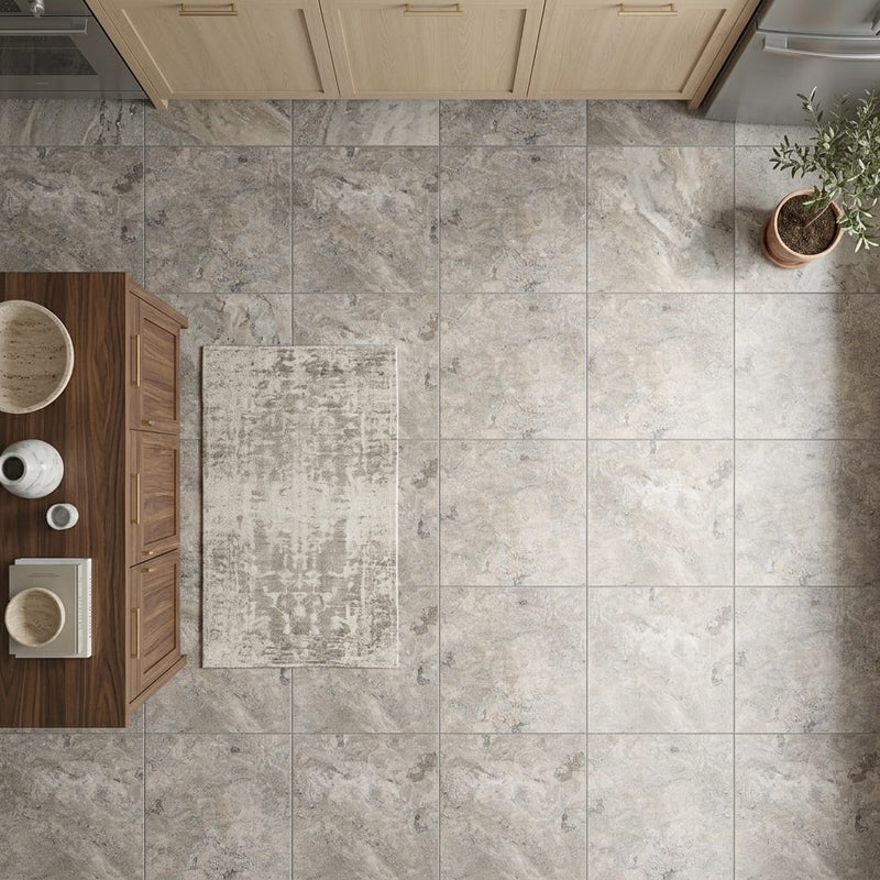Silver (Pewter Blend) Travertine 24x24 Filled & Honed Travertine Tile — Kitchen floor