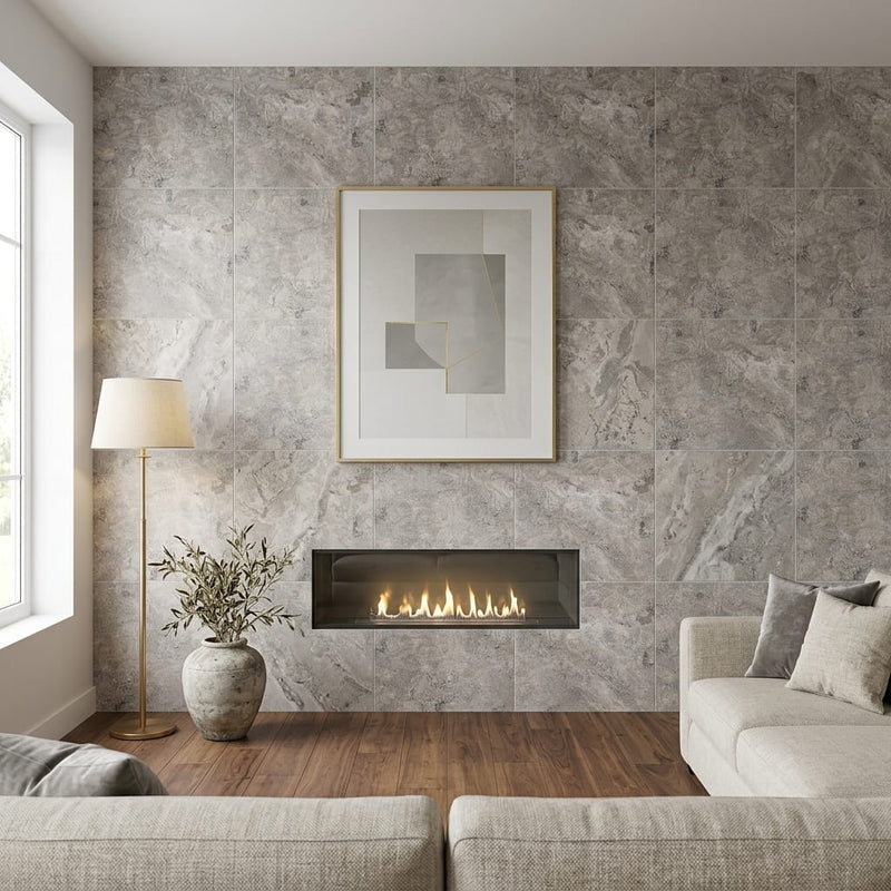 Silver (Pewter Blend) Travertine 24x24 Filled & Honed Travertine Tile — Living Room feature wall
