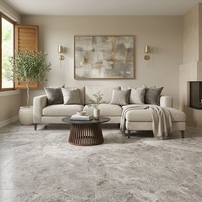 Silver (Pewter Blend) Travertine 24x24 Filled & Honed Travertine Tile — Living Room floor
