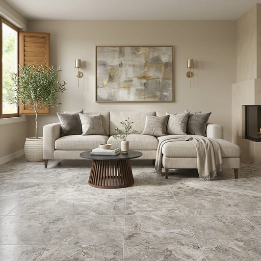 Silver (Pewter Blend) Travertine 24x24 Filled & Honed Travertine Tile — Living Room floor