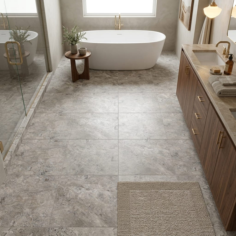 Silver (Pewter Blend) Travertine 24x24 Filled & Honed Travertine Tile — Primary Bath floor