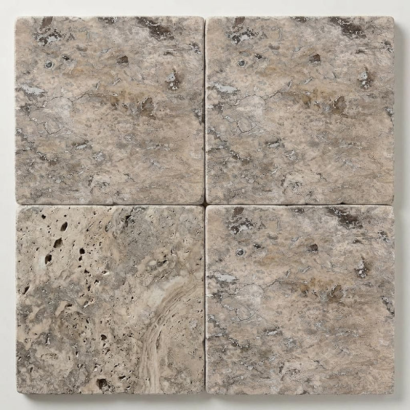 Silver (Pewter Blend) Travertine 24x24 Tumbled Travertine Paver close-up