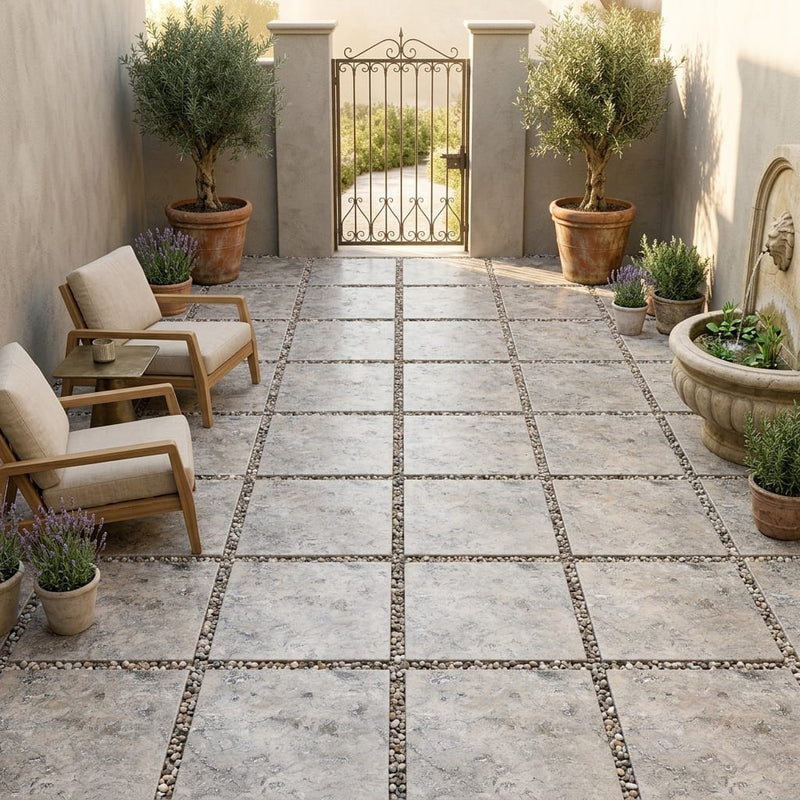 Silver (Pewter Blend) Travertine 24x24 Tumbled Travertine Paver — Courtyard paving