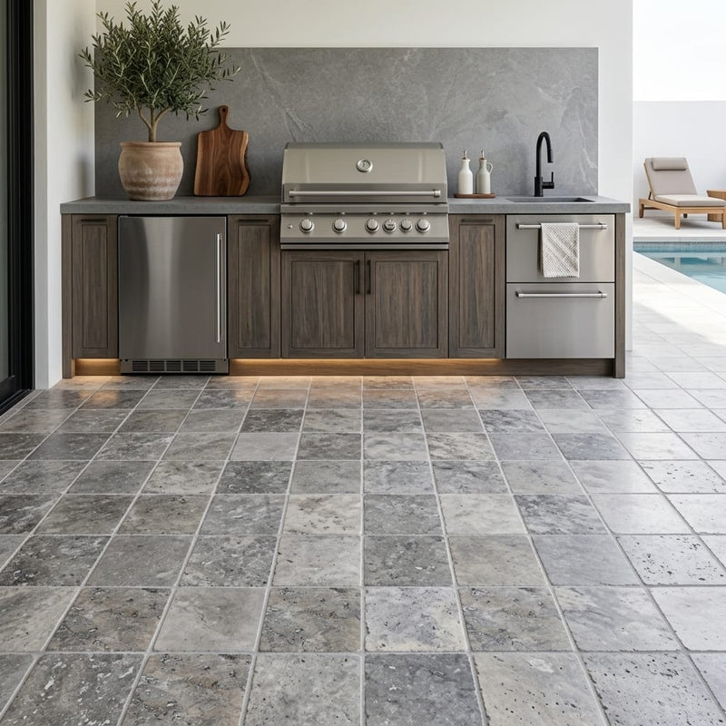 Silver (Pewter Blend) Travertine 24x24 Tumbled Travertine Paver — Outdoor Kitchen floor