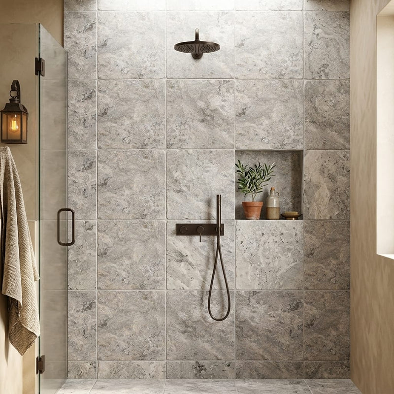 Silver (Pewter Blend) Travertine 24x24 Tumbled Travertine Tile — Bathroom shower wall